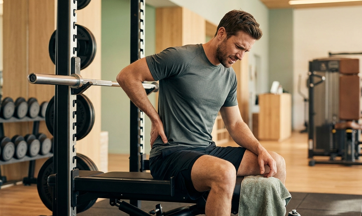 Sportif se tenant les lombaires après l'effort en salle de sport